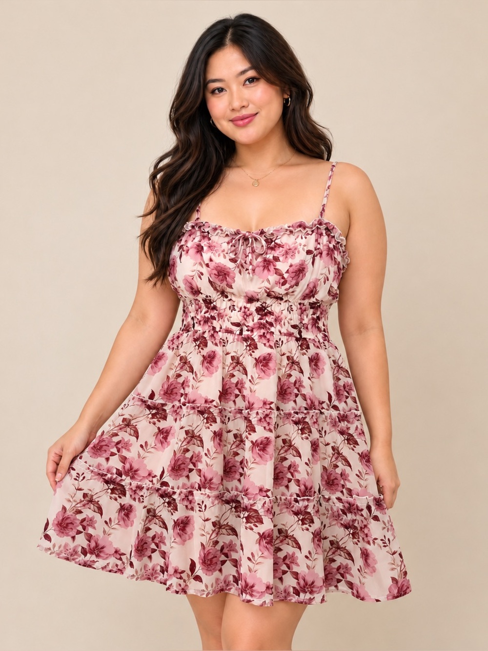Trixxi Floral Smocked Tiered Ruffle Mini Sundress Cream Pink L Cocquette
